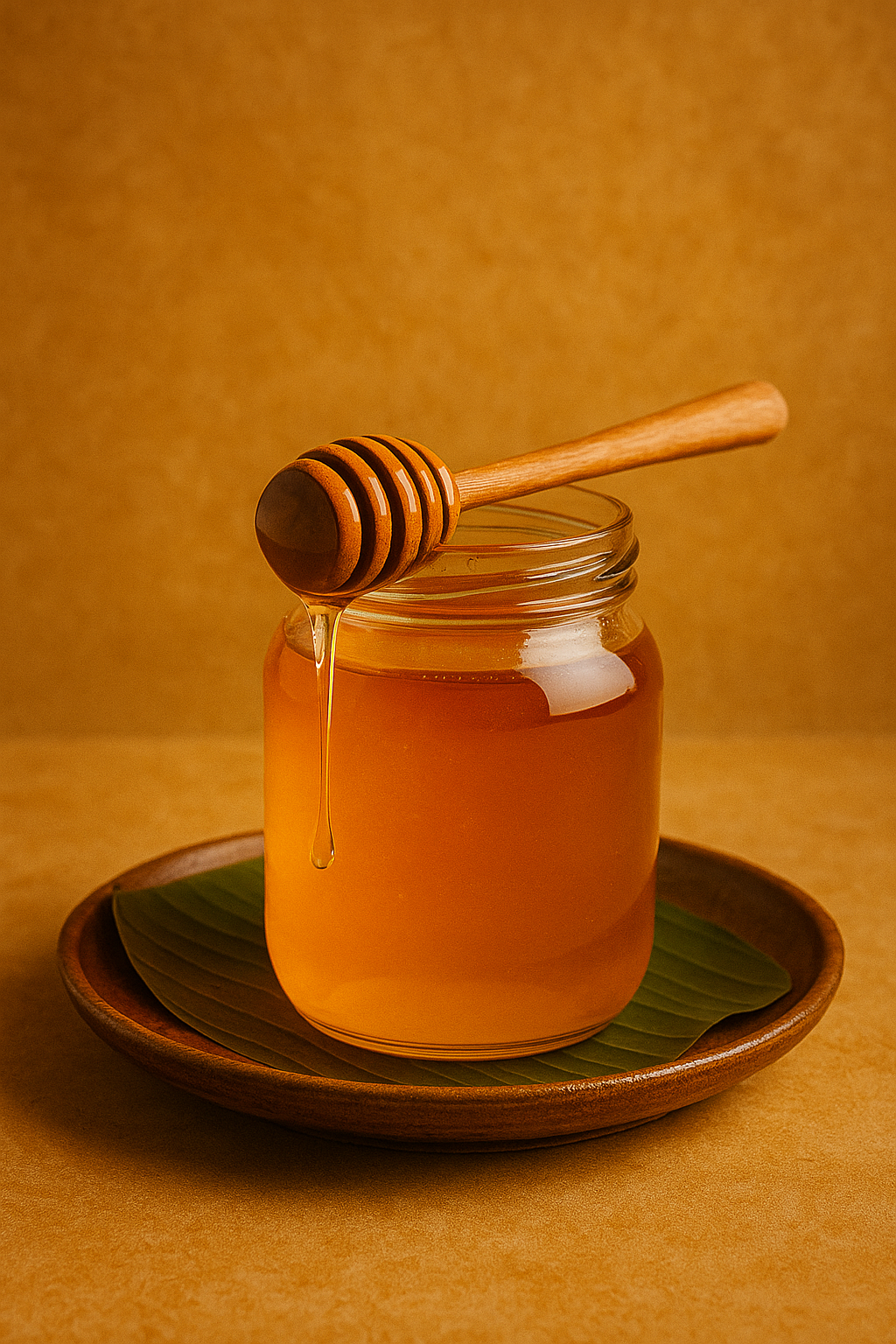 Natural Raw Honey jar with dipper and banana leaf