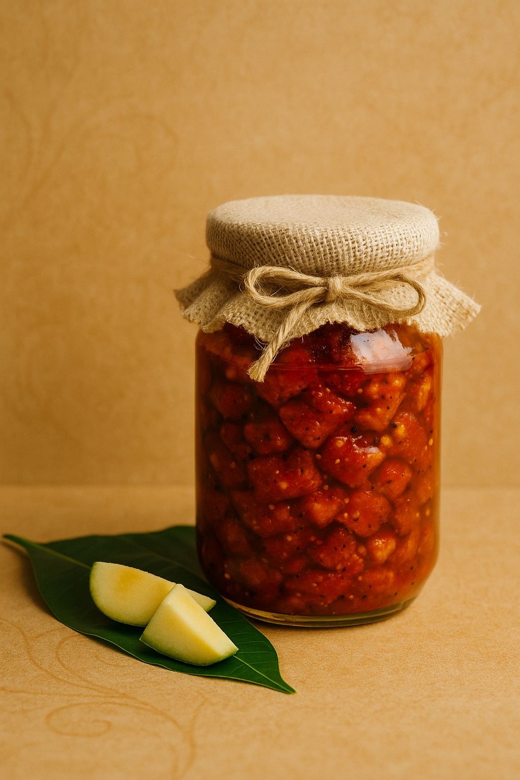 Handmade Mango Pickle in jar with spices on beige background